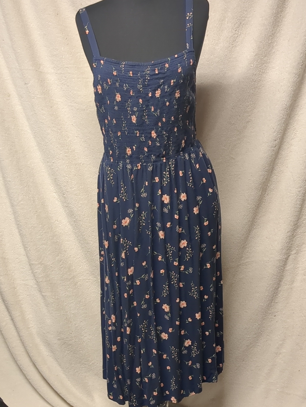 Old Navy Navy Floral Midi Dress with Pink Blossoms